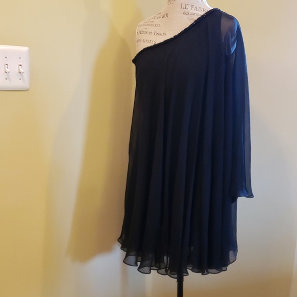 Marchesa sheer silk lined one Shoulder LBD